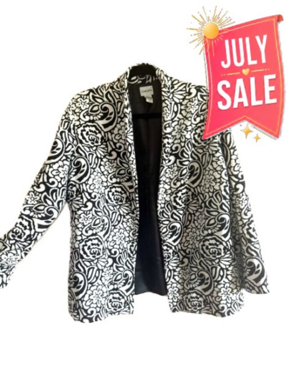 Chico’s Black White Paisley Floral Silk Blend Open Front Jacket Size 2